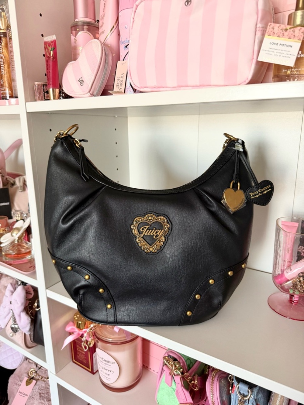 Juicy Couture “In Her Juicy Era” Black Leather Hobo Bag - Signature Heart Logo